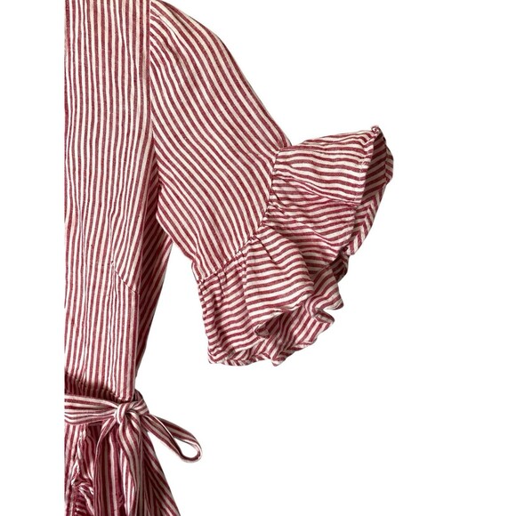Reformation XS Kelsey Dress Red & White Linen Stripes Ruffles Mini Wrap Dress - Picture 6 of 10